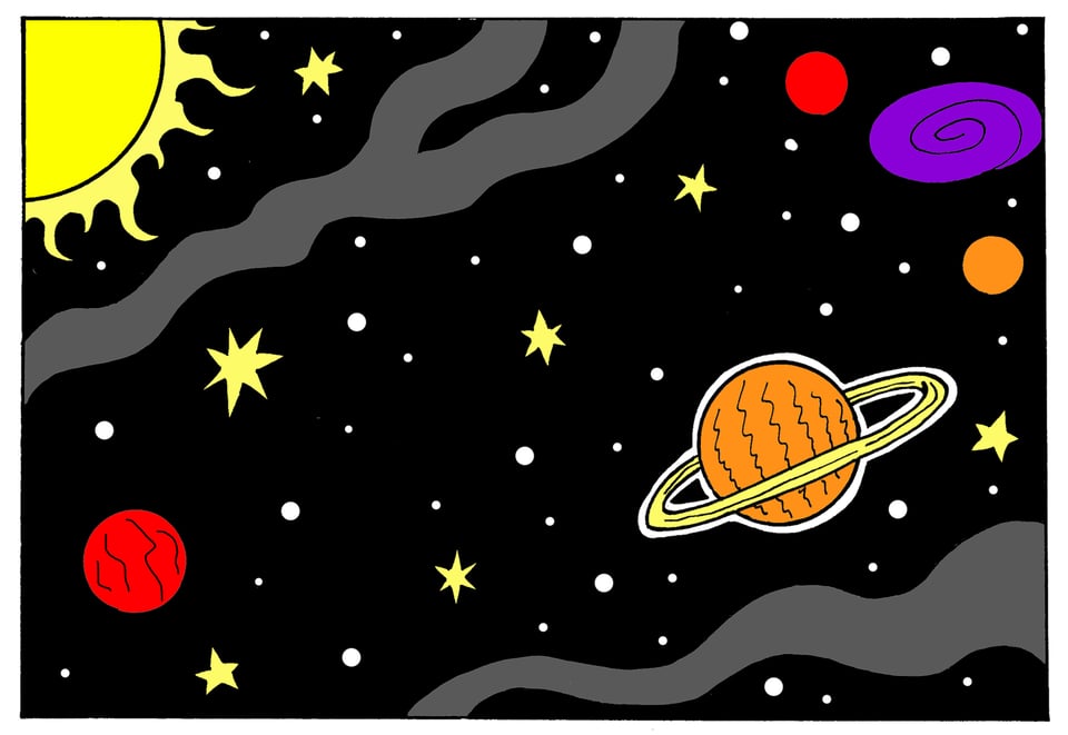 Space drawing. I've shared it before. Ricky Imes, who is an orange planet with a ring like Saturn, is visible, though in this drawing he does not have eyes and a mouth like he usually does.