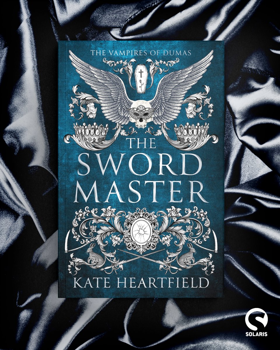 The cover for The Swordmaster is blue with white elements such as hares and bats,