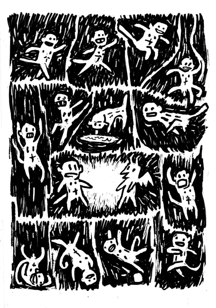 A page from SCUM SLURP, a comic-within-a-comic that Tori and Val encounter in 1997 in NO RACCOONS IN HELL. This page features a monkey who runs in a zig zag who at one point meets a being with a beak, horns, and wings... They might be the newest team sensation, you know, the new Chip and Dale!