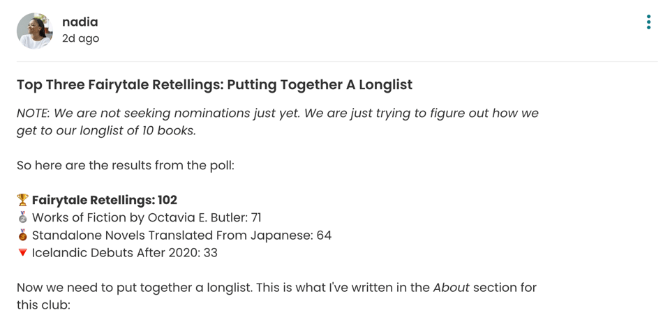 Screenshot of a StoryGraph community post by Nadia titled “Top Three Fairytale Retellings: Putting Together A Longlist.” The post explains that the group is not yet seeking nominations and shares poll results showing “Fairytale Retellings” winning over categories including Octavia E. Butler works and Japanese standalone novels.