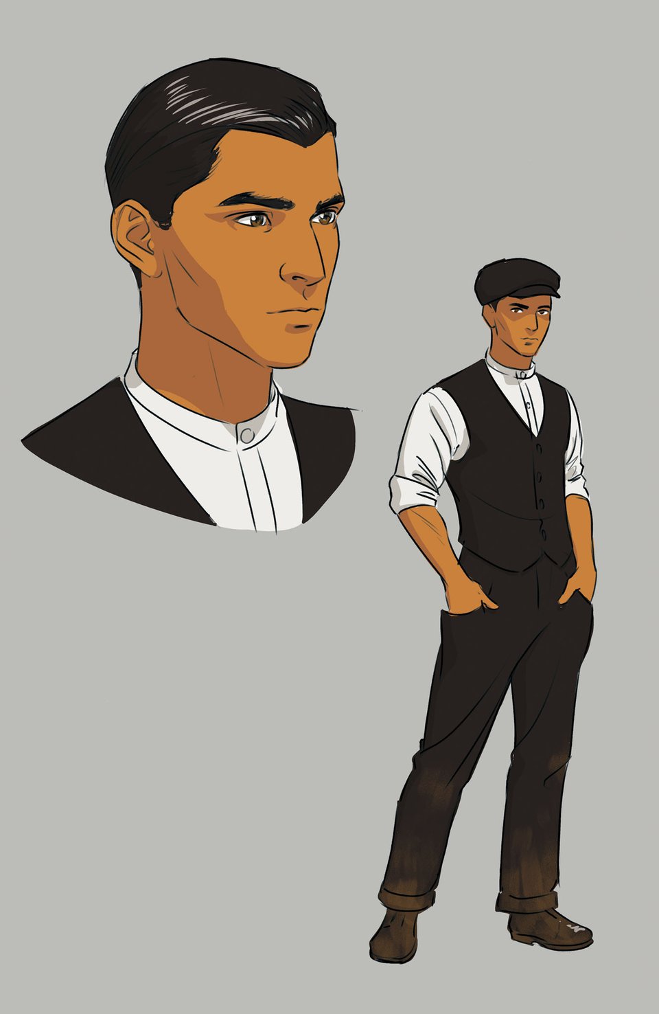 A brown man wearing period clothing for the 1900s.White shirt, black vest and pants.