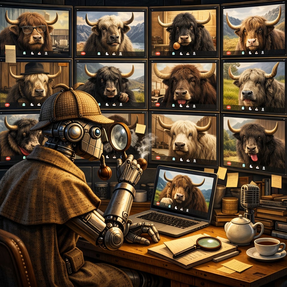 a sherlock holmes robot  sitting at a desk with many monitors, conferencing with yaks