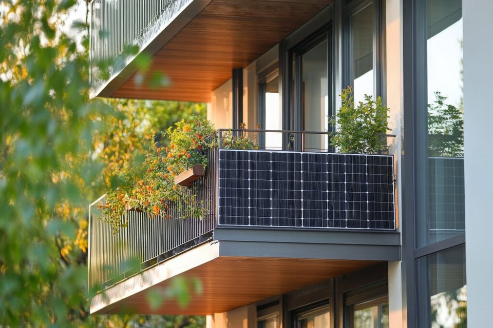 A solar panel attached to an apartment balcony on a summer day.