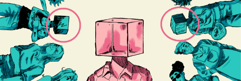 close-up on the character in the middle, with a few characters around. the cube heads are circled