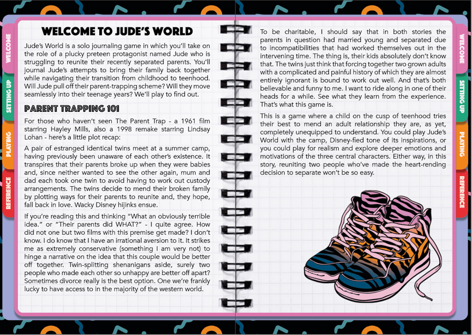 Welcome section from Jude's World - a double page zine spread designed to look like a tabbed notebook.
