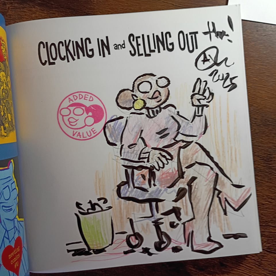 A color drawing of Val in a copy of CLOCKING IN AND SELLING OUT