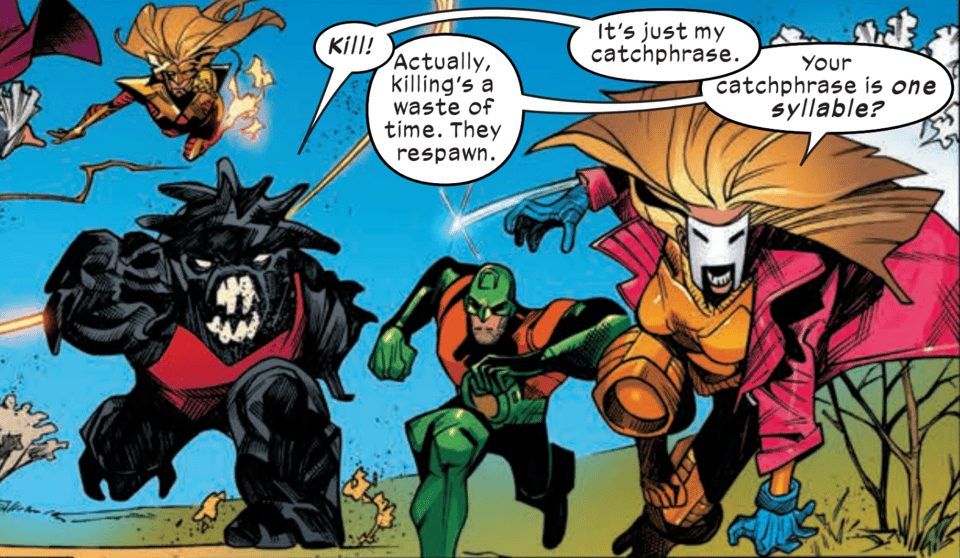 A panel from New Mutants: Lethal Legion #4. Volga Belle explains her catchphrase.