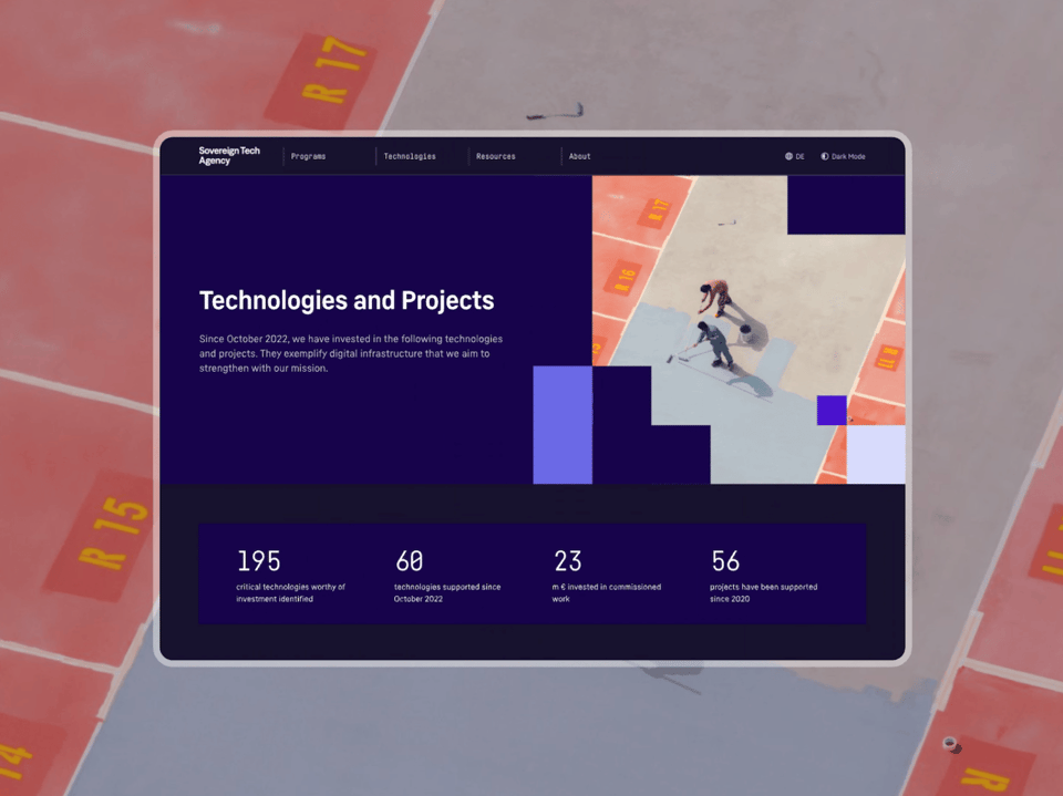 An screenshot showing the “Technologies and Projects” page from the Sovereign Tech Agency site, in dark mode.