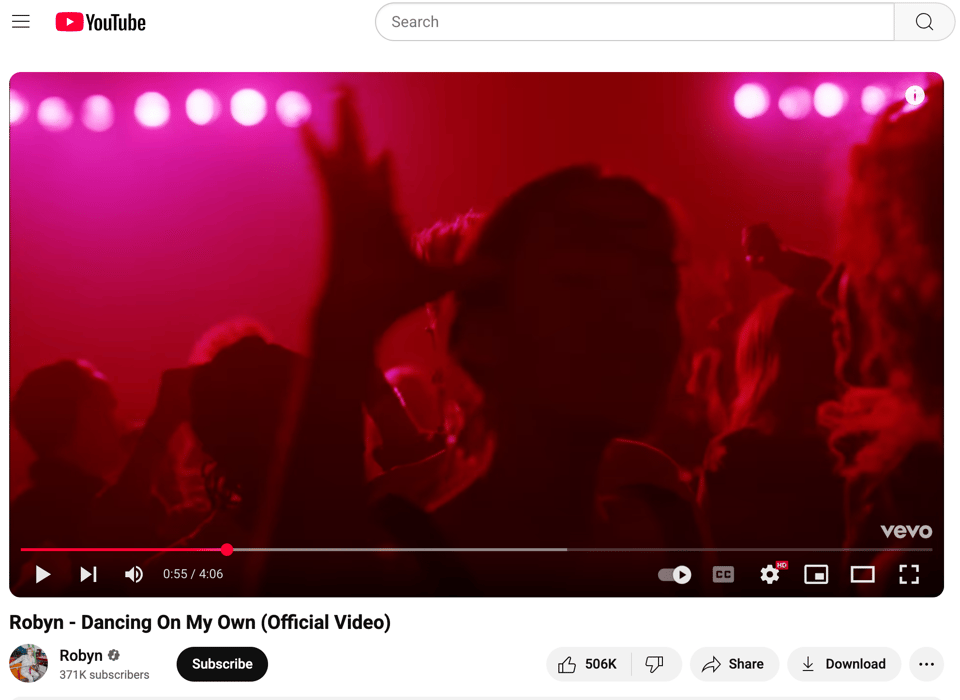 screen grab from Robyn's music video for Dancing On My Own