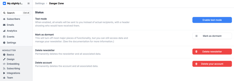 The Danger Zone Settings page in Buttondown, specifically highlighting the Test Mode description and toggle.