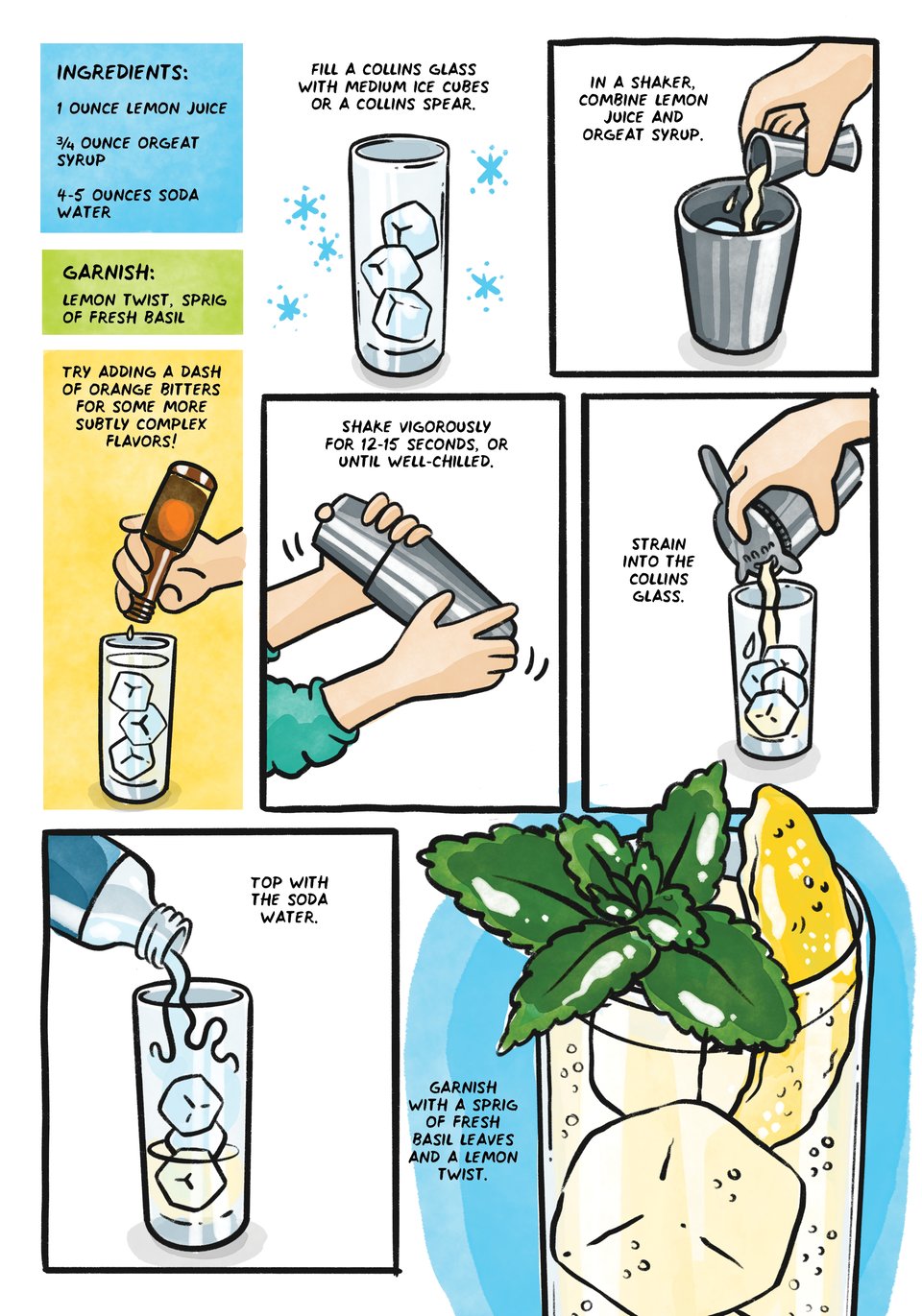 ingredients:

1 ounce lemon juice

3/4 ounce orgeat syrup

4-5 ounces soda water

Try adding a dash of orange bitters for some more subtly complex flavors!

Fill a collins glass with medium ice cubes or a collins spear.

in a shaker, combine lemon juice and orgeat syrup.

Shake vigorously
for 12-15 seconds, or until well-chilled.

Strain into the collins glass.

Top with the soda water.

Garnish with a sprig of fresh basil leaves and a lemon twist.