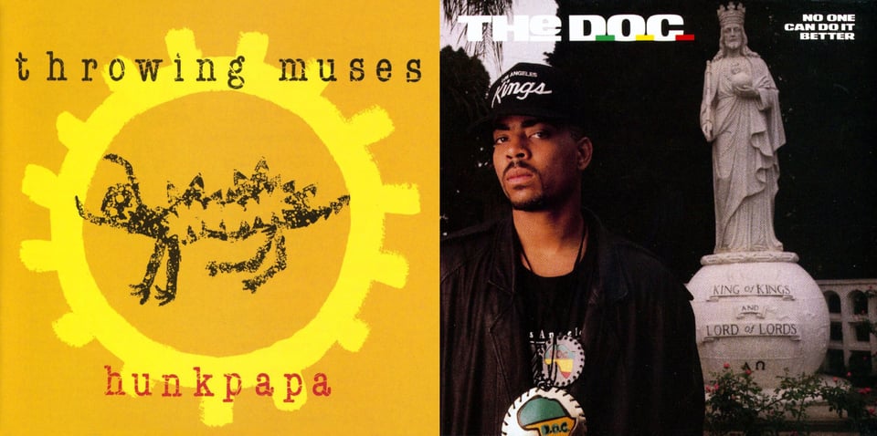 First pic: A dark yellow background. In the middle of it, taking most of the space, is a bright yellow circle with squares attached to the outside of it, suggesting a sun. Within it is a drawing of a creature, done in a kind of Paleolithic cave style. It has four legs, horns, ridges on its back, a tail. Second pic: A color photograph of The D.O.C., a young Black man wearing a leather jacket, a black Sacramento Kings cap, and two medallions, possibly made of leather, showing Africa. He has a wary, suspicious look on his face. He is outside, possibly in a park somewhere. Behind him is a statue of I'm guessing Jesus, but wearing a crown, holding an orb, and a staff in the other hand. He's is on an orb-shaped pedastal that reads "KING OF KINGS AND LORD OF LORDS."