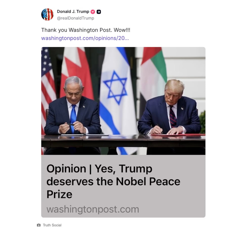One of Trump’s TruthSocial tweets before the Nobel Peace Prize was announced.