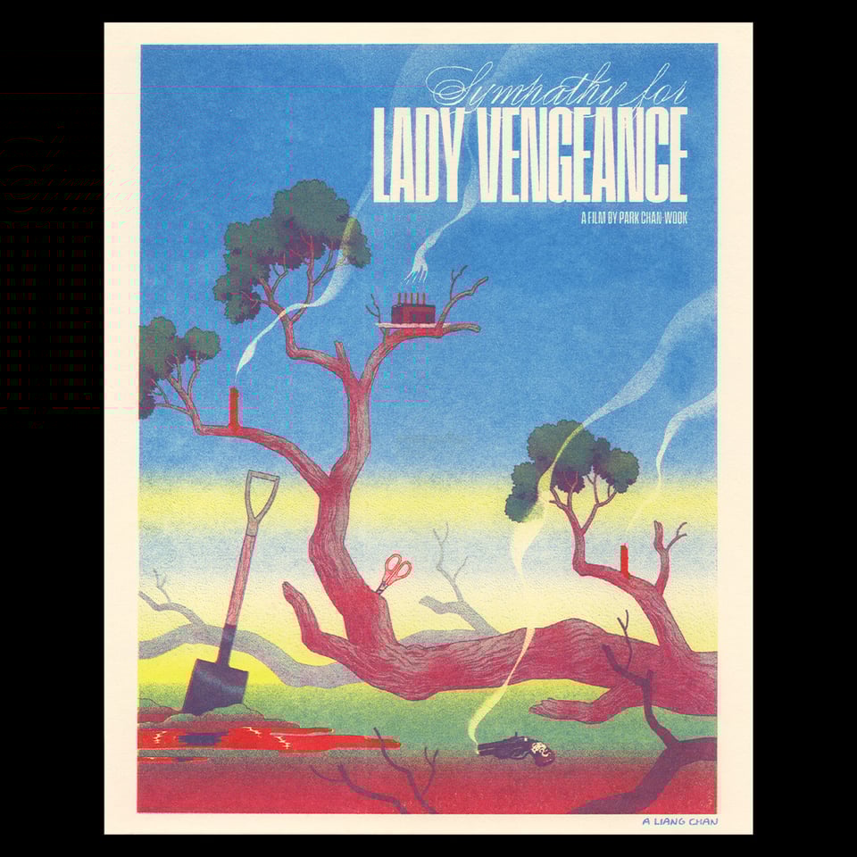 a riso printed illustrated film poster for Lady Vengeance, a film by Park Chan-Wook: a half-dead twisting tree curves away from the ground against an intense blue sky, a slice of chocolate cake & red candles balanced in its branches. a pair of scissors is stabbed into one bend. on the ground is a shovel in a pile of dirt, a pool of blood running out of frame, and a smoking gun.