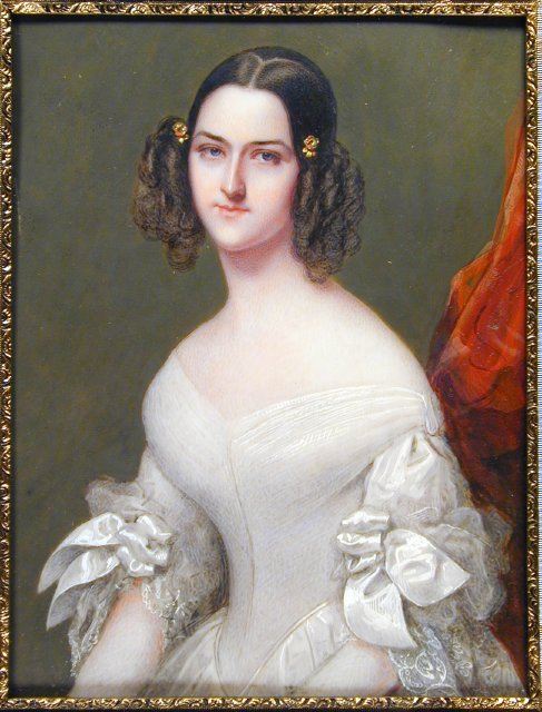 A painting of a dark-haired woman in a white gown.