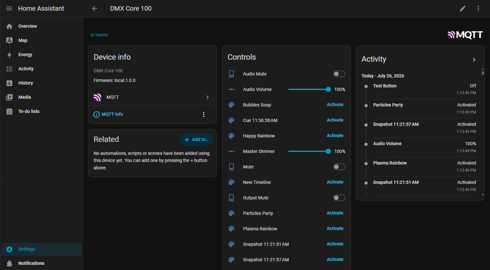 The DMX Core 100 device in Home Assistant