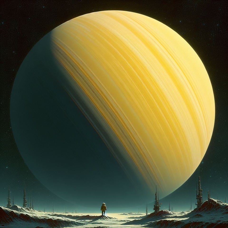 a yellow gas giant looms over a barren moon, a small astronaut looks up at it