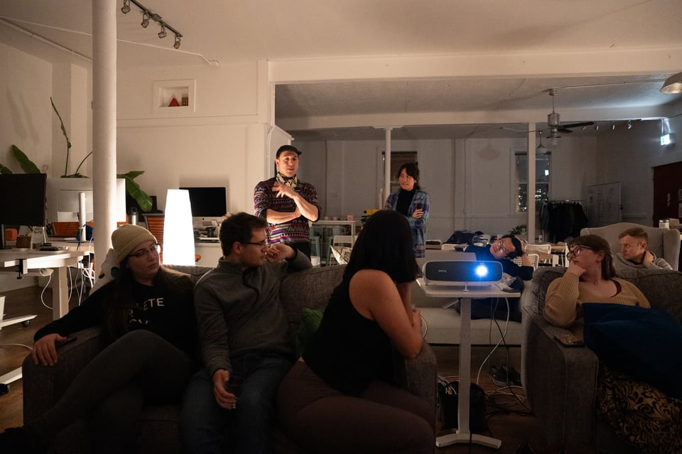 A room talking about a show.