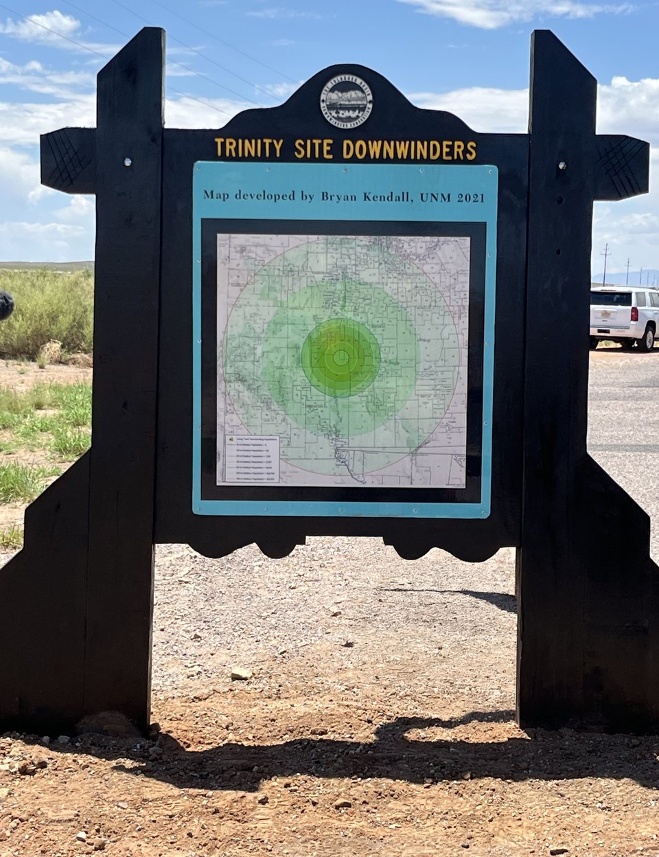 Map of the fallout area. On backside of roadside memorial dedicated to the Trinity Downwinders.