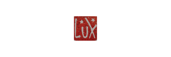 an image of my name, lux, in white on a red background with stars.