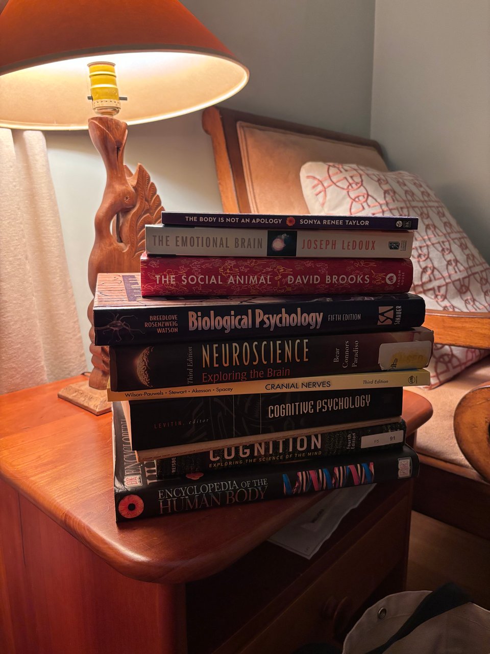 a stack of 10 books and textbooks on a small wooden side table, lit by a lamp in the shape of a carved peacock.