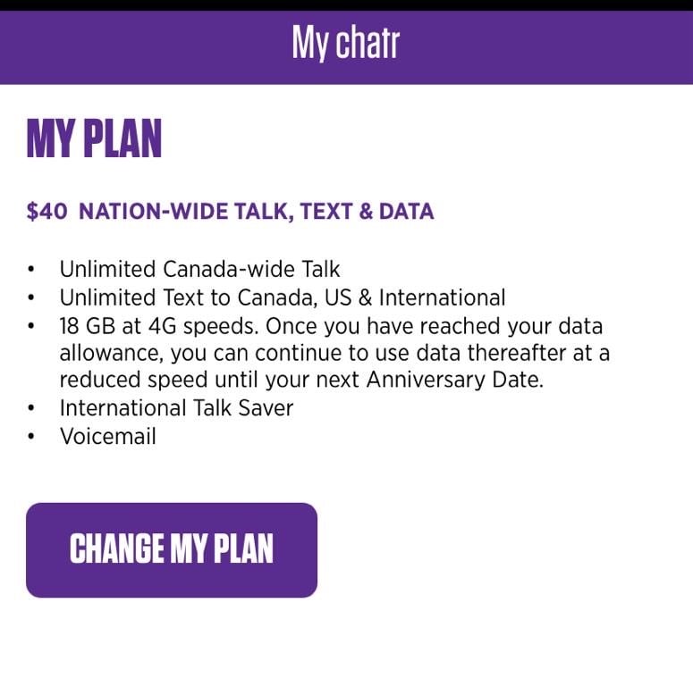 An screenshot of a Charter Mobile prepaid mobile plan