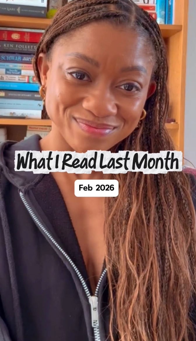 A social media reading recap titled “What I Read Last Month – Feb 2026”, showing me facing the camera with bookshelves in the background.