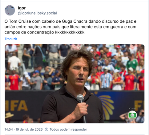 Post de Igor (@igorlunei.bsky.social): O Tom Cruise com cabelo de Guga Chacra dando discurso de paz e união entre nações num país que literalmente está em guerra e com campos de concentração kkkkkkkkkkkkk

Post contém foto do ator Tom Cruise segurando um microfone e com os cabelos bagunçados