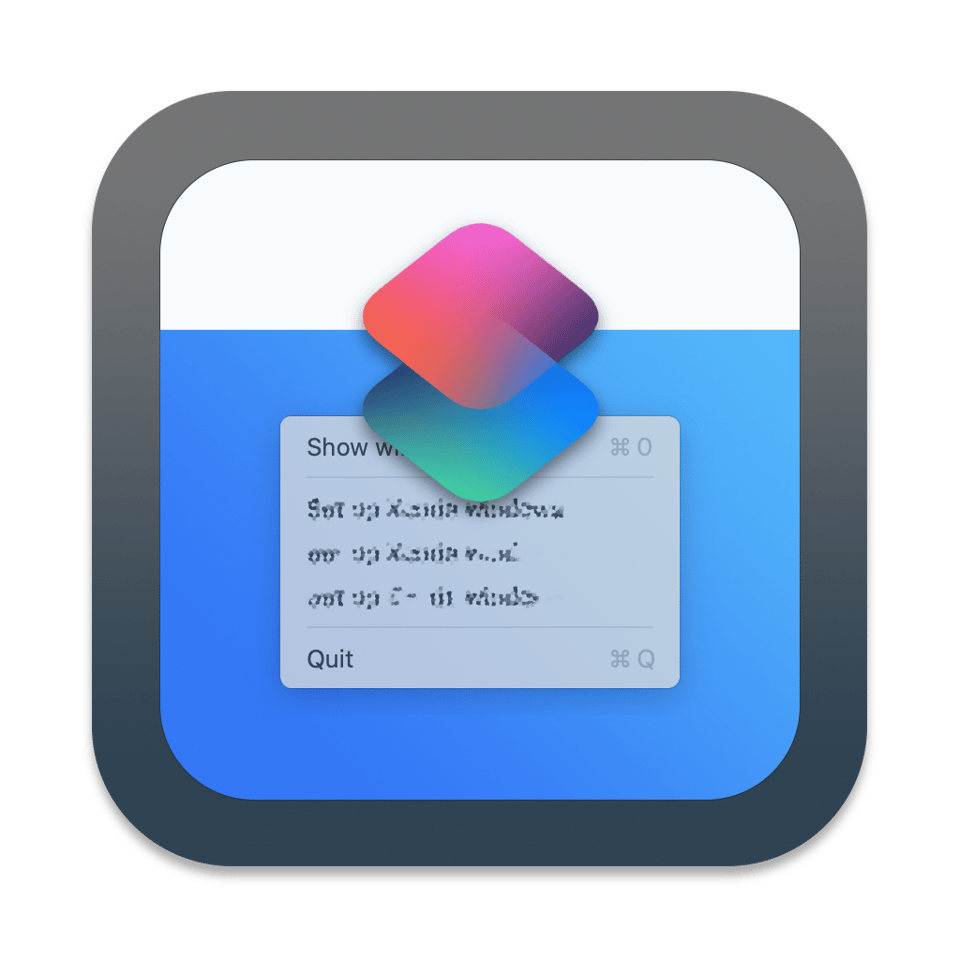 The BarCuts app icon: A blue desktop with a stylized white Mac menu bar on top, overlaid with a stylized context menu and a Shortcuts logo. The whole thing is enclosed in a wide dark grey border.