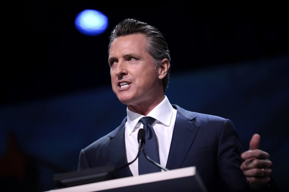 Governor Gavin Newsom speaking with attendees at the 2019 California Democratic Party State Convention at the George R. Moscone Convention Center in San Francisco, California.