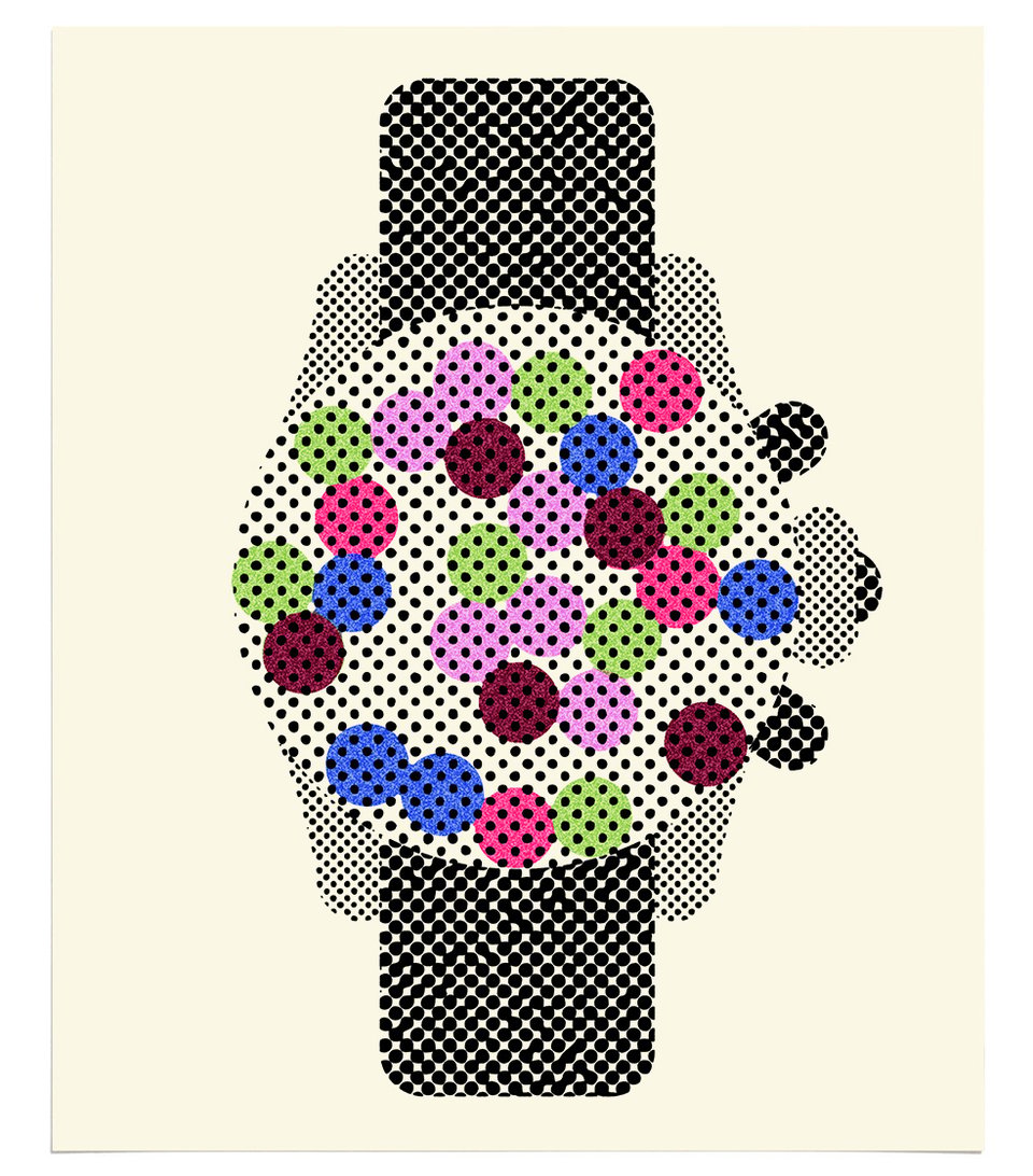 A colorful, abstract illustration of a watch face, featuring various vibrant, polka-dotted circles against a light background.