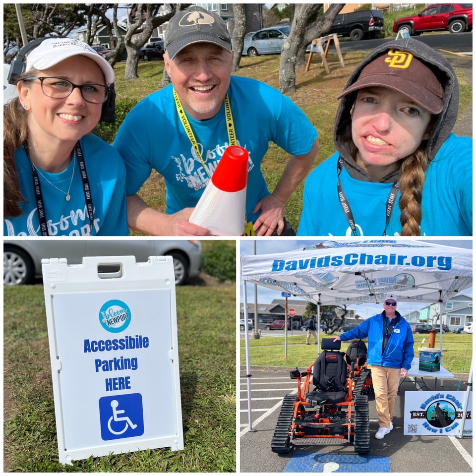 A collage of three images. Top photo: group of 3 people, woman wearing white hat, glasses and headset, man in middle wearing gray hat, and woman on far right wearing a brown hat. All persons are wearing bring blue event t-shirts with the words: “Bloom Newport” written on the front. Bottom left photo is a white sandwich board sign that reads “Accessible parking here”. Bottom right photo is a man wearing a blue jacket and white hat, standing at a vendor booth with an orange all-terrain wheelchair, with the sign that says “David’s Chair”.