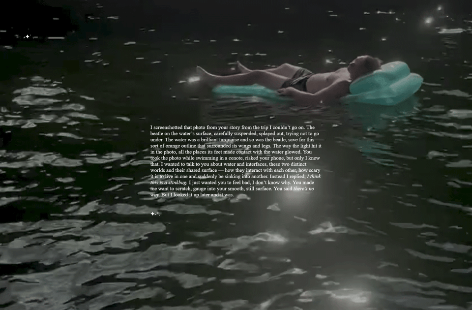 This image features a serene and slightly melancholic scene of a man floating alone on a turquoise inflatable raft in a dark, reflective body of water. The lighting is soft, with glimmers on the water’s surface, creating a dreamy, almost surreal atmosphere. Overlaid on the image, slightly left of center, is a block of text in white, but it's not quite legible.