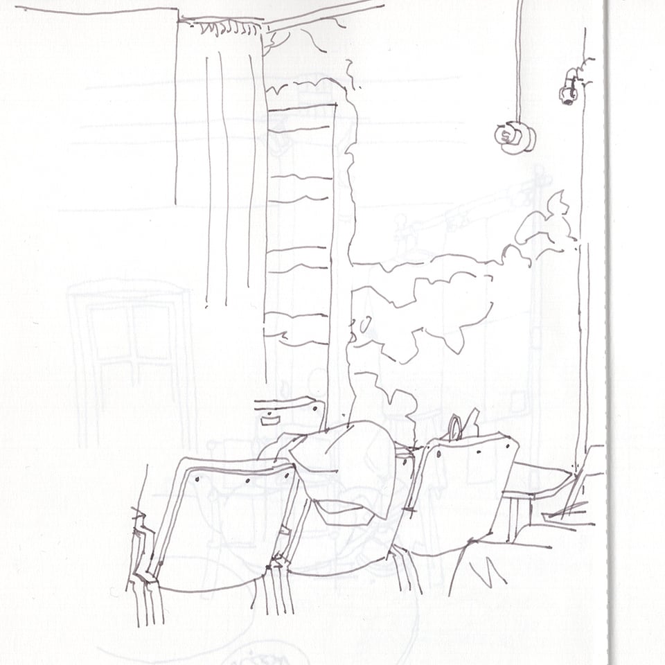 sketch of a DIY screening space interior in gray ink