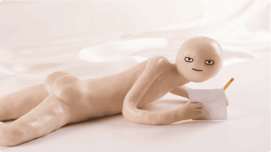 a minature wax character laying down with a pen and paper