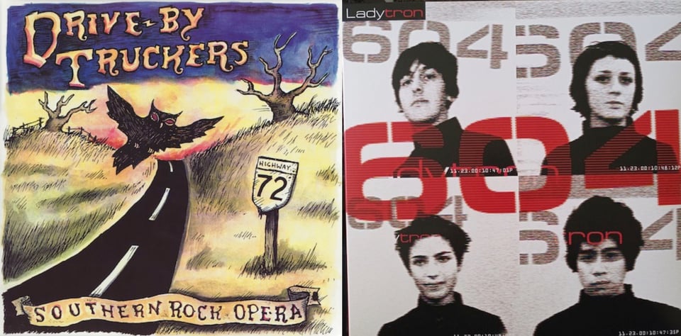 First pic: A drawing of a two lane blacktop going through a field of yellow grass. A black owl flies across the road. To the left, a sign reading HIGHWAY 72. Leafless trees and a fence on the horizon.  Second pic: Black and white photograph of four separate headshots, each one of a bandmember, as if seen on a TV screen, lines of resolution visible. Each member wears a black shirt with a high collar, possibly a turtleneck. The number 604 is visible behind each member. They all look at the camera with a somewhat neutral, perhaps defiant, look. "604" has been stamped in red across the entire image.