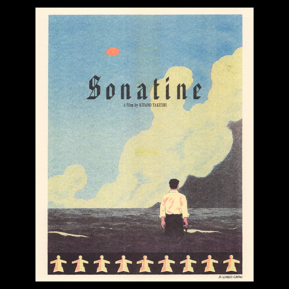 a riso printed illustrated film poster for Sonatine, a film by Kitano Takeshi: a man in a white button up, a gun in one hand, stands knee-deep in the sea, facing towards towering clouds in muted greens & blues. an orange frisbee hangs above, and a border of paper wrestlers stand beneath
