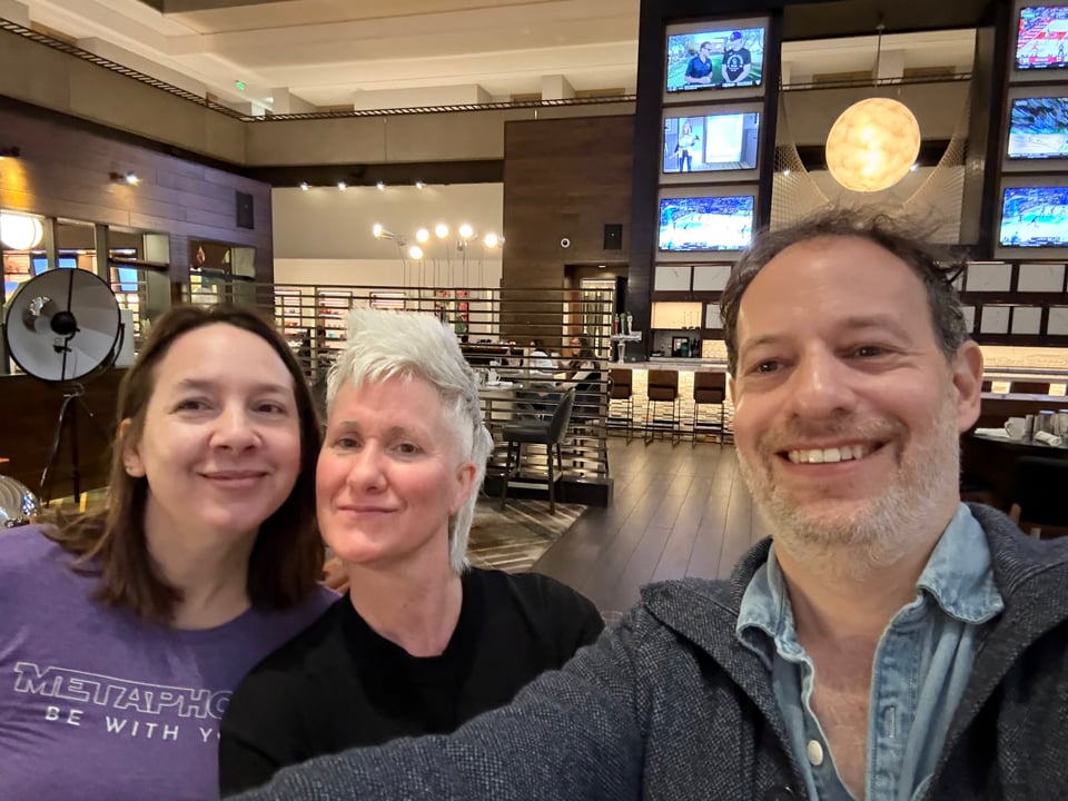 Kathrine Glover wearing her own skin, with me and Matthew Lee Goldberg