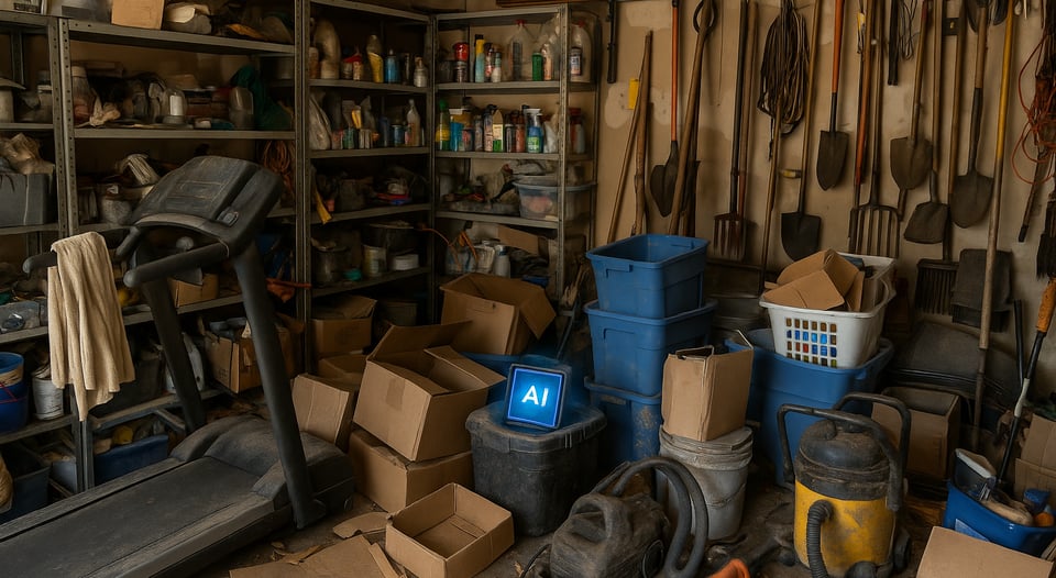 messy garage with shiny new AI tool in the center