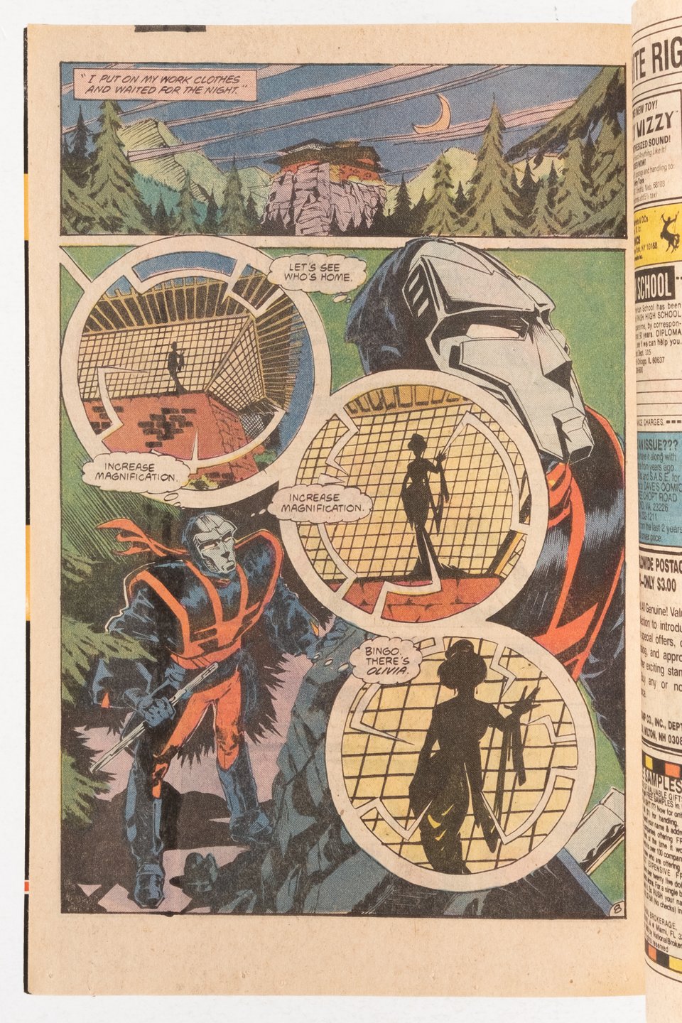 Manhunter page of the character observing a woman in her mansion