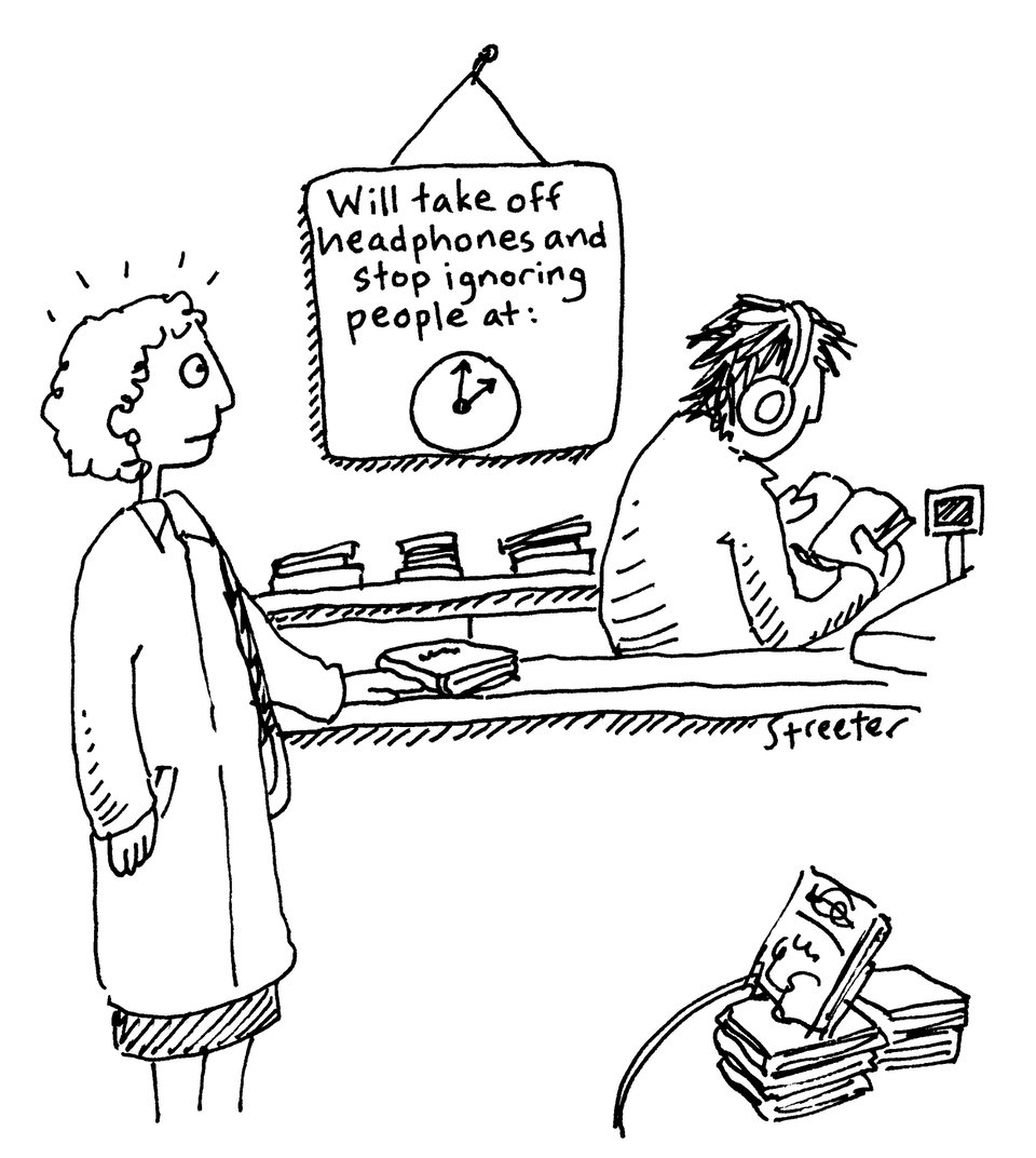 Cartoon about cashier in earphones