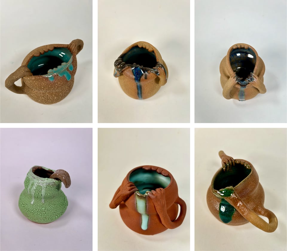 six different images, each one of a differently colored pot that looks like it's a mouth, with colorful slime coming out of it