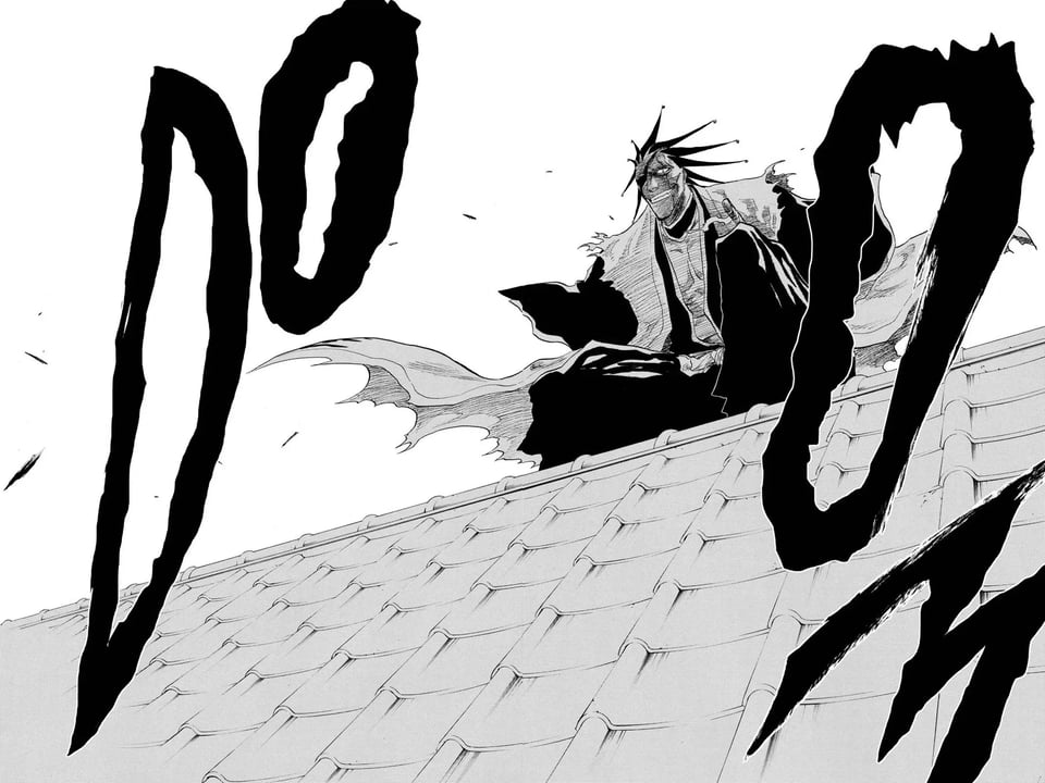 Kenpachi, being cool as fuck, surrounded by a DOOM sound effect.