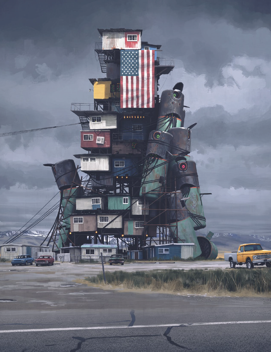 a series of portable houses stacked on on top of each other and draped with an American flag