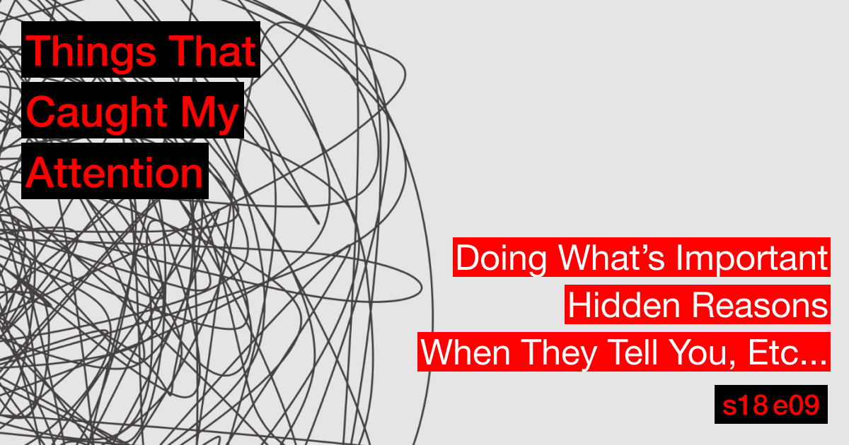 s18e09: Doing What’s Important; Hidden Reasons; When They Tell You, Etc...