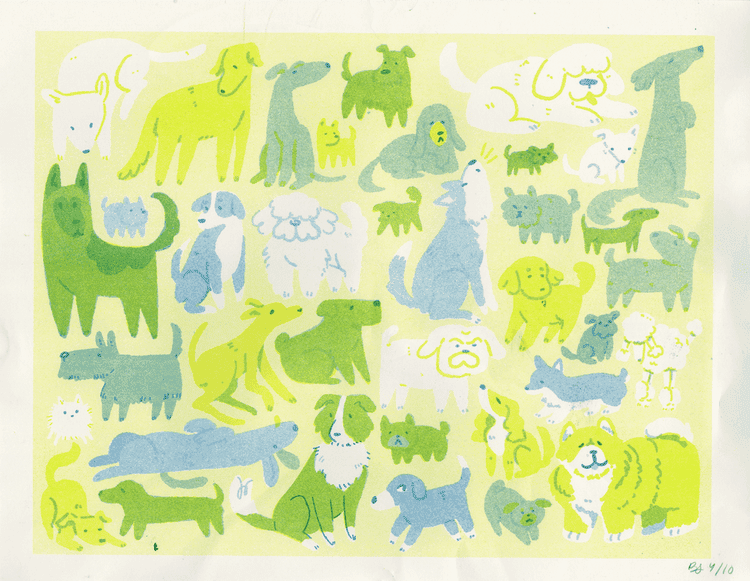 A risograph print of cartoonish dogs. The colors are various shades of green