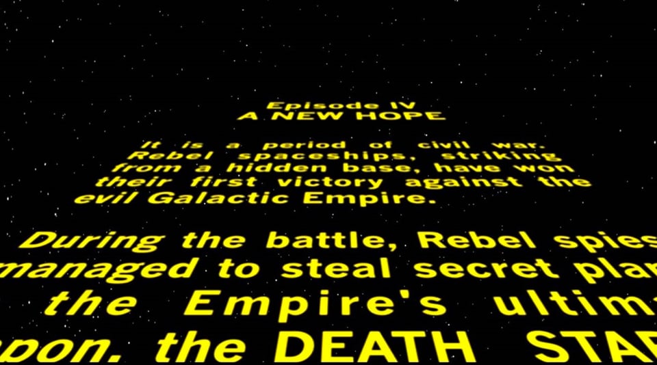 an image from the star wars opening crawl with yellow text angled against a black screen