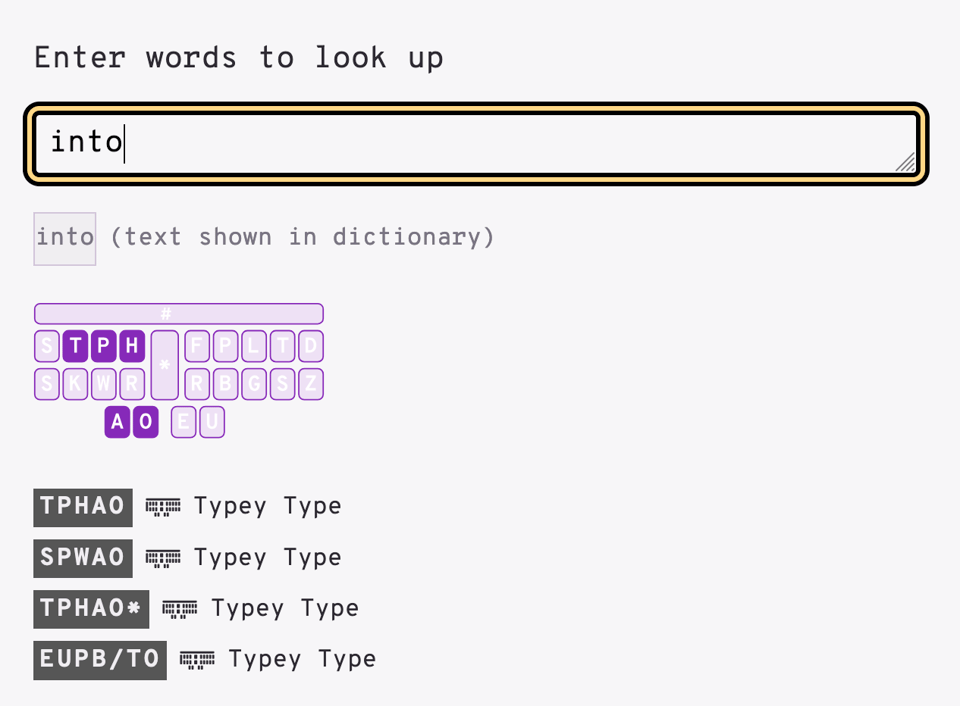 Lookup for the word 'into' with results from Typey Type, starting with TPHAO followed by SPWAO