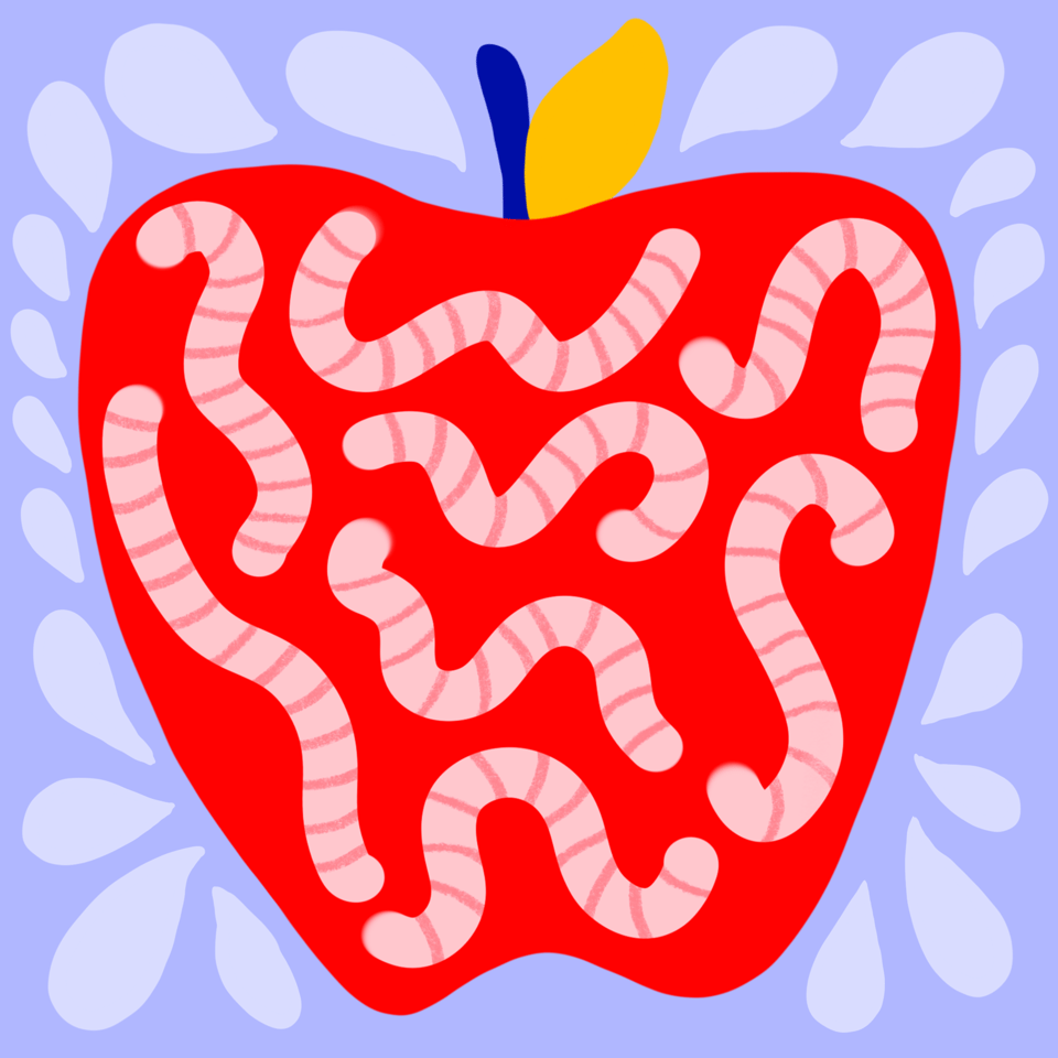 A lavender background, a big red apple filled with wriggling worms.