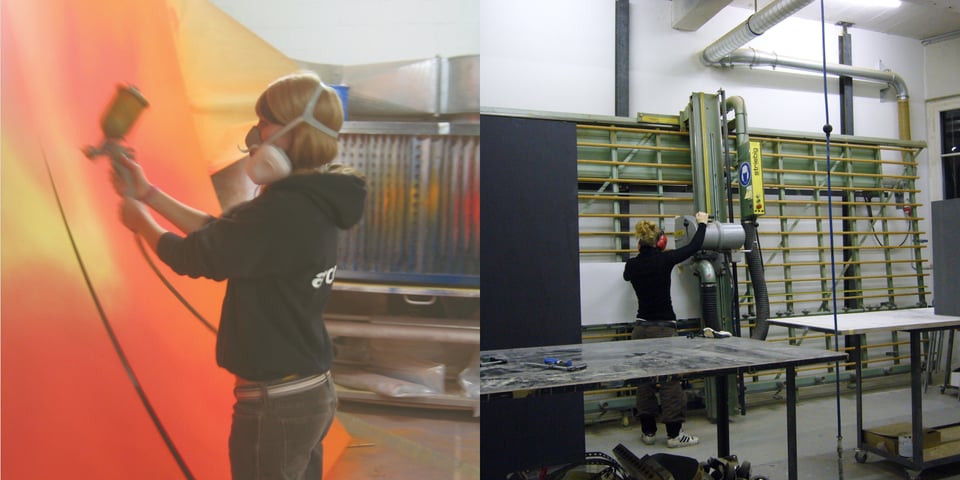 Two photos of Leslie working in a workshop with heavy machinery, spray-painting a canvas backdrop.